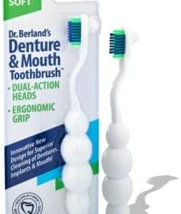 Dr. B Dental Solutions Ergonomic Denture and Mouth Toothbrush, Extra Soft Bristles Removes Adhesives, Food, Stains and Odors, Single White Pack