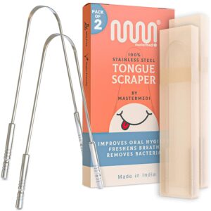 MasterMedi Tongue Scraper with Travel Case (2 Pack), Bad Breath Treatment Tongue Scraper for Adults, Medical Grade 100% Stainless Steel for Oral Care, Easy to Use Tongue Cleaner for Hygiene